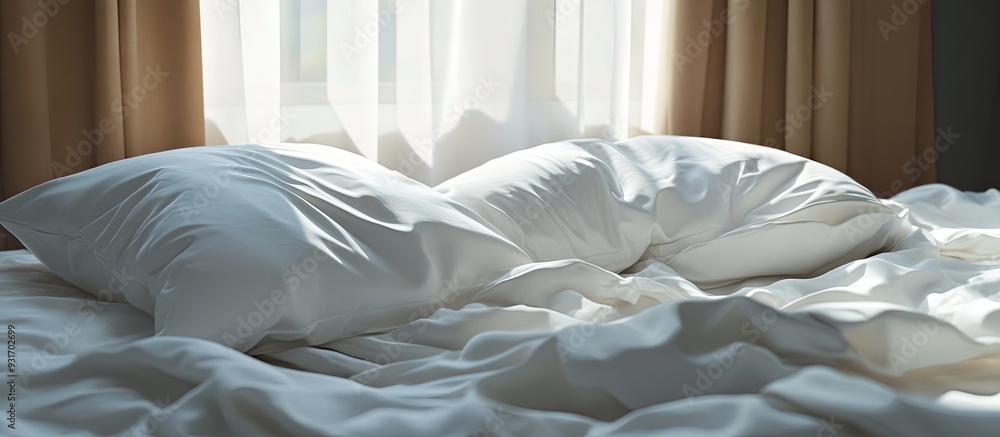 Unmade bed White pillow with a blanket on it Represents relaxation after the morning Illuminated by window light Messy white blanket. with copy space image. Place for adding text or design Unmade bed White pillow with a blanket on it Represents relaxation after the morning Illuminated by window light Messy white blanket. with copy space image. Place for adding text or design