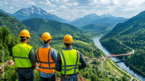 A team of engineers wearing hard hats and vests, inspecting the construction of a large bridge over a river.
