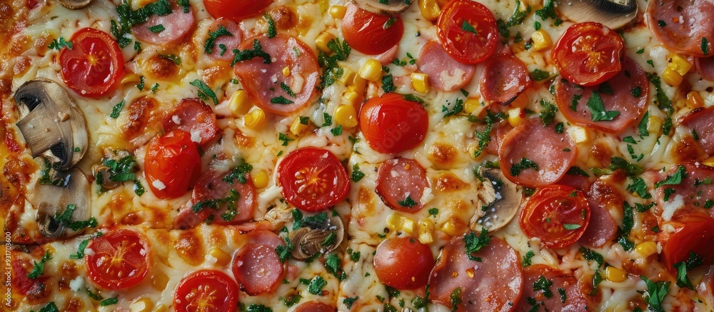Pizza topped with sausage ham mushrooms Bulgarian pepper tomatoes and Mozzarella cheese on a light background Top view with a copy space for text Traditional Italian cuisine Pizza topped with sausage ham mushrooms Bulgarian pepper tomatoes and Mozzarella cheese on a light background Top view with a copy space for text Traditional Italian cuisine