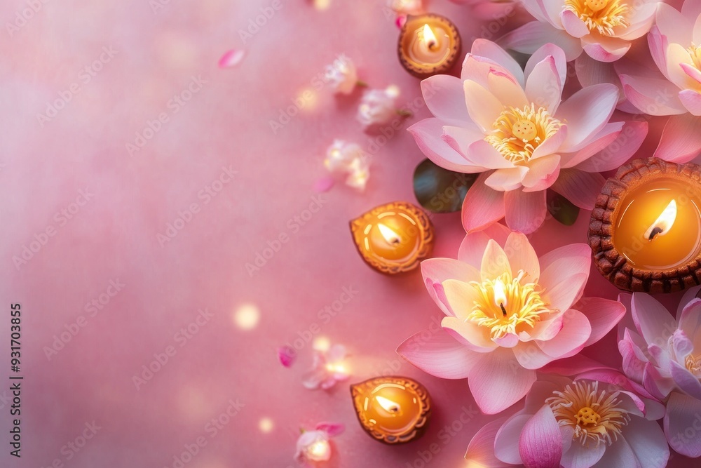 Pink Lotus Flowers and Burning Diyas on a Pink Background Pink Lotus Flowers and Burning Diyas on a Pink Background