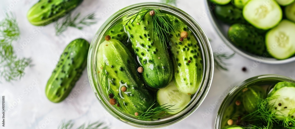 Glass jar containing fresh cucumbers and dill for pickling vegetables set against a white background Top view close up copyspace Glass jar containing fresh cucumbers and dill for pickling vegetables set against a white background Top view close up copyspace
