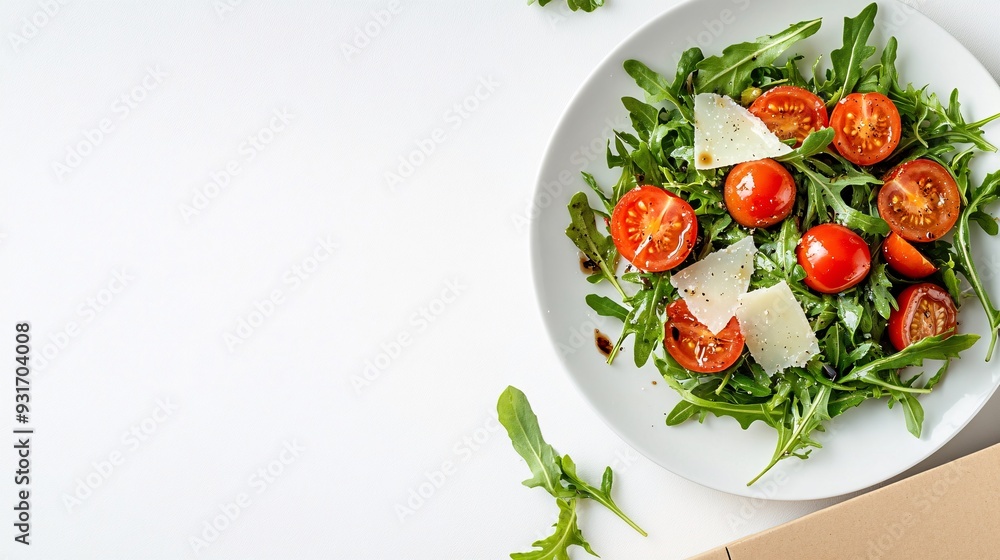 A fresh and vibrant salad of arugula, cherry tomatoes, and shaved Parmesan is arranged on a white ceramic plate, with a drizzle of balsamic vinaigrette. The crisp greens and bright red tomatoes stand A fresh and vibrant salad of arugula, cherry tomatoes, and shaved Parmesan is arranged on a white ceramic plate, with a drizzle of balsamic vinaigrette. The crisp greens and bright red tomatoes stand