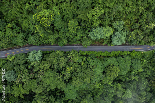 Aerial view of a road in the middle of the green forest and road curve construction up to mountain in southeast asia..