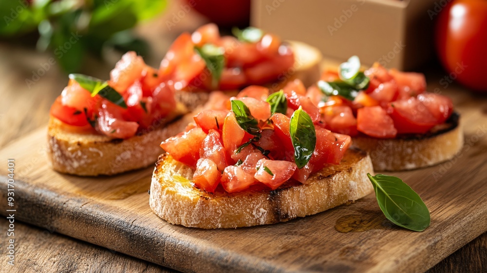 A classic Italian bruschetta is arranged on a rustic wooden board, with slices of toasted bread topped with diced tomatoes, fresh basil, and a drizzle of olive oil. The vibrant colors of the tomatoes A classic Italian bruschetta is arranged on a rustic wooden board, with slices of toasted bread topped with diced tomatoes, fresh basil, and a drizzle of olive oil. The vibrant colors of the tomatoes