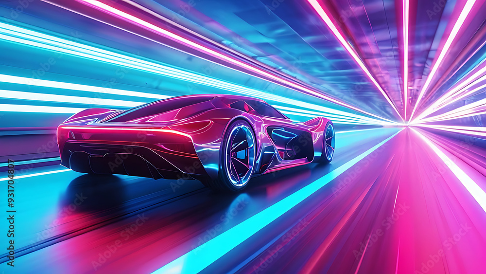 The concept of a futuristic sports car running in a tunnel with neon light strips. 3d illustration The concept of a futuristic sports car running in a tunnel with neon light strips. 3d illustration