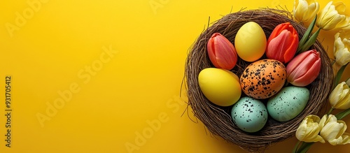 Easter card featuring eggs in a nest and tulips set against a yellow background with copy space