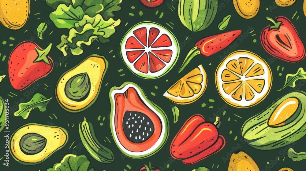 Vibrant Hand Drawn Fruit and Vegetable Pattern Vibrant Hand Drawn Fruit and Vegetable Pattern