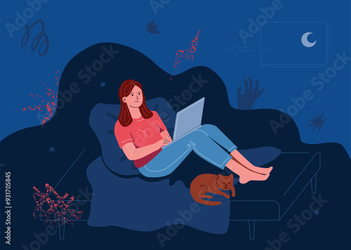A young woman lying on a bed in the dark, watching true crime, a horror movie or a detective story.
