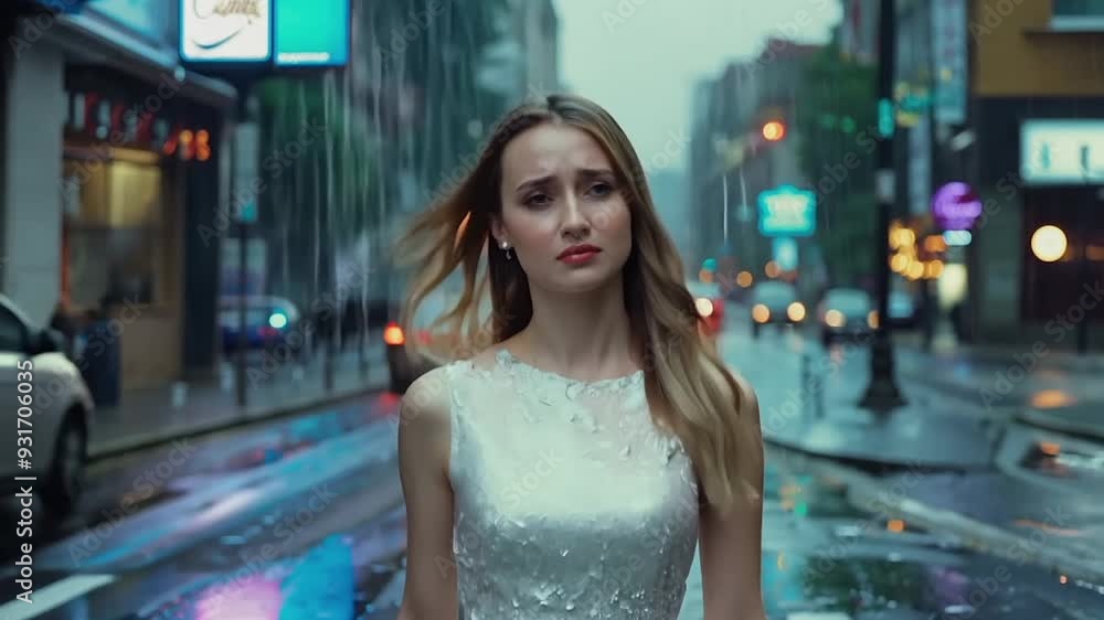 Woman walking on a city street in the rain Woman walking on a city street in the rain