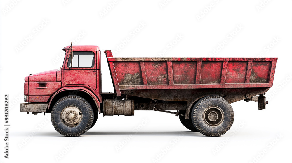 A weathered red dump truck parked on a white background reflecting its rustic charm and sturdy design A weathered red dump truck parked on a white background reflecting its rustic charm and sturdy design