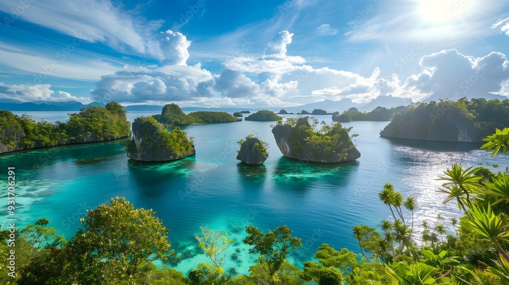 Fototapeta premium Lush green islands with rocky cliffs surrounded by turquoise water with blue sky.