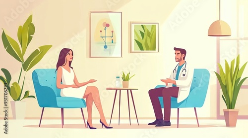 Young woman in a white dress sitting on a blue chair talking to a doctor in a medical coat, flat vector illustration of interior design with decoration elements. AI generated illustration