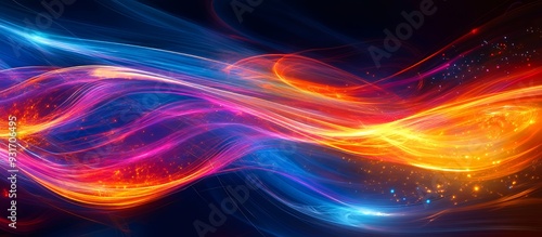 A vibrant abstract design featuring flowing colorful waves and glowing particles.