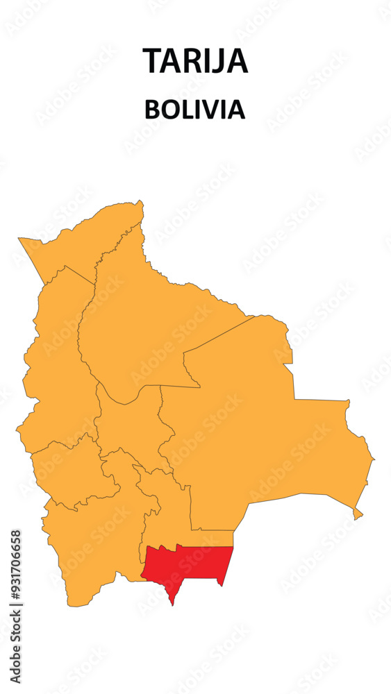 Obraz premium Tarija Map is highlighted on the Bolivia map with detailed state and region outlines.