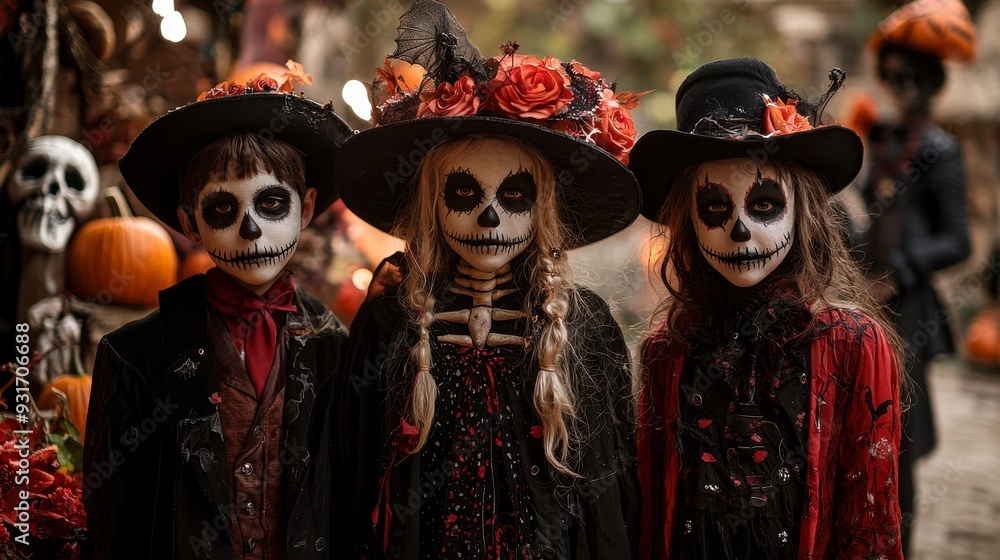 Three children in Halloween costumes with Day of the Dead makeup, looking at the camera. Three children in Halloween costumes with Day of the Dead makeup, looking at the camera.