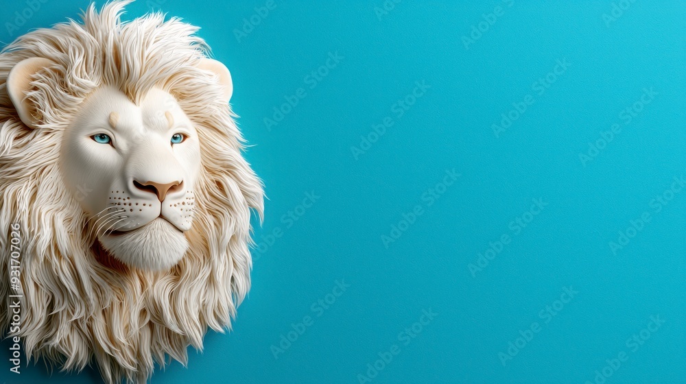 White lion head sculpture on a blue background. White lion head sculpture on a blue background.