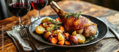 Roasted rabbit leg served w...