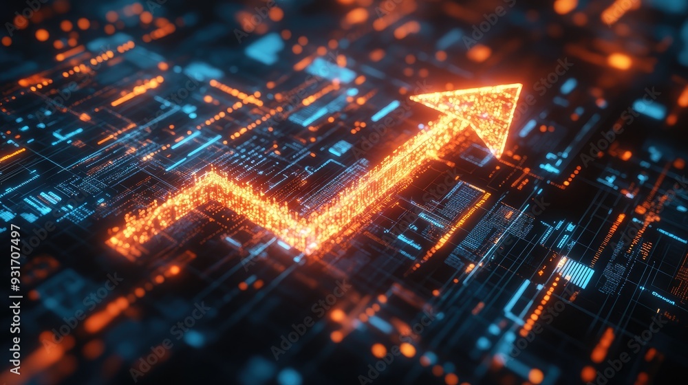 An abstract 3D graphic of a glowing upward arrow representing financial growth, with floating marketing analytics surrounding it An abstract 3D graphic of a glowing upward arrow representing financial growth, with floating marketing analytics surrounding it