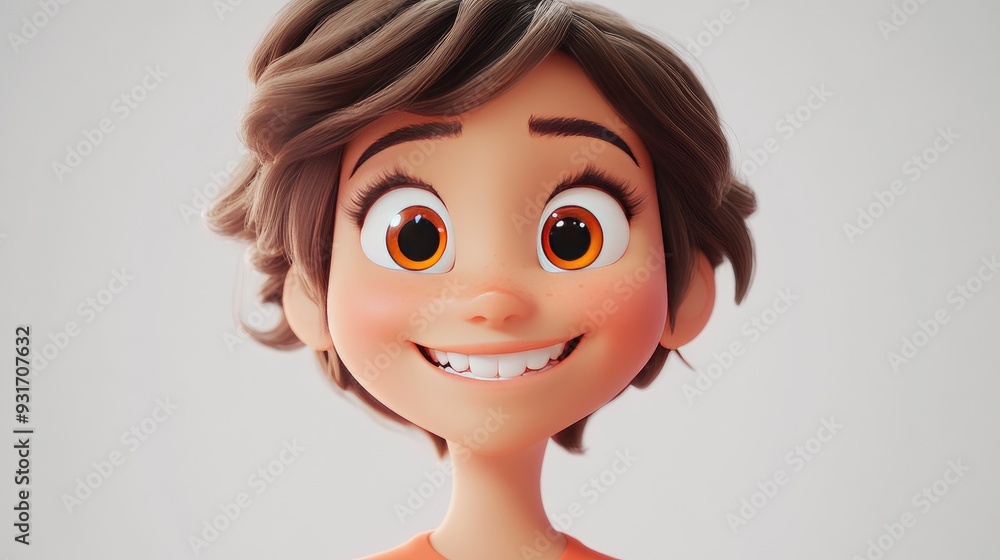 Charming 3D woman character with a big smile and expressive eyes on a white background, in a vibrant animation style Charming 3D woman character with a big smile and expressive eyes on a white background, in a vibrant animation style