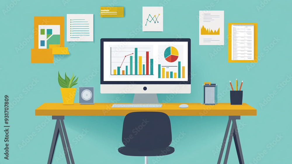 A modern workspace featuring a computer displaying graphs and charts with decorative plants and office supplies A modern workspace featuring a computer displaying graphs and charts with decorative plants and office supplies