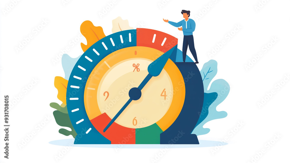 Person standing on a colorful gauge representing time management and productivity concepts