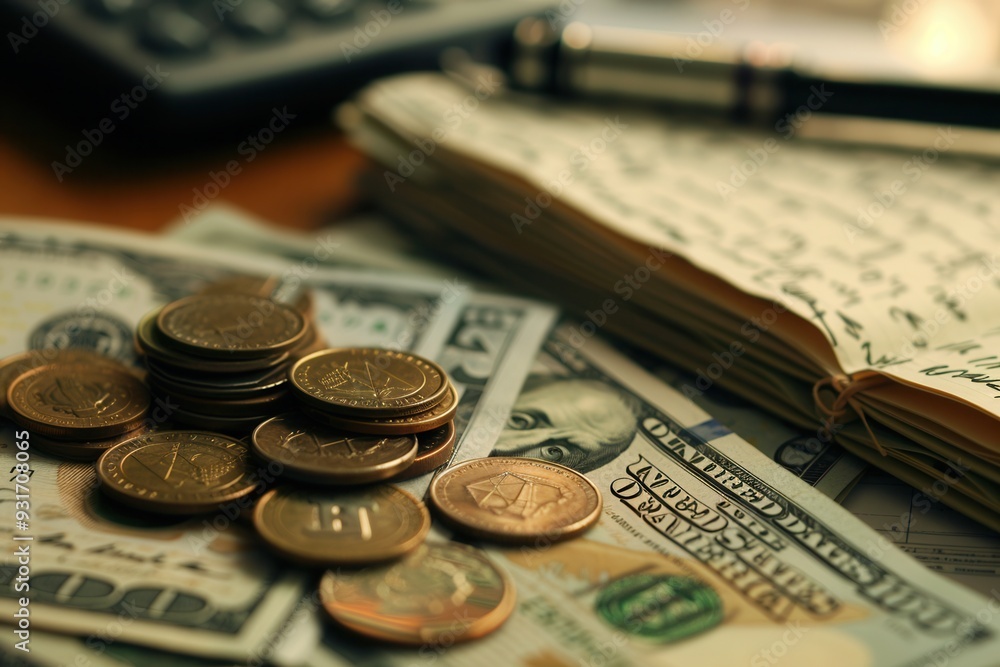 A stack of cash and coins rests beside an open notebook of notes and calculations in a productive workspace. Generative AI A stack of cash and coins rests beside an open notebook of notes and calculations in a productive workspace. Generative AI