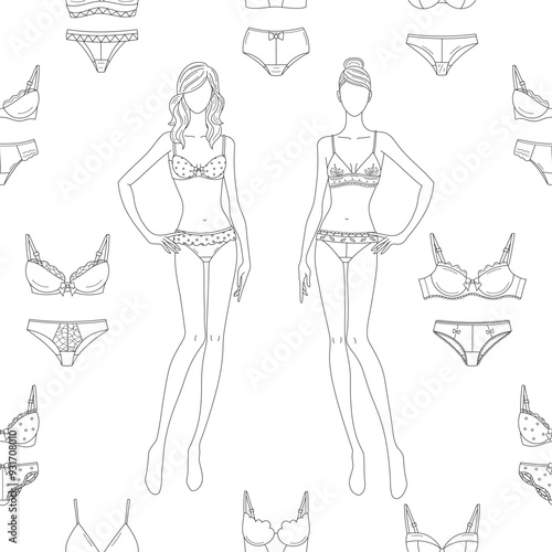 Fashionable female lingerie collection, vector seamless pattern line background. Panty and bra set.