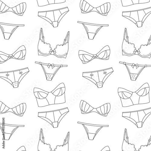 Fashionable female lingerie collection, vector seamless pattern line background. Panty and bra set.