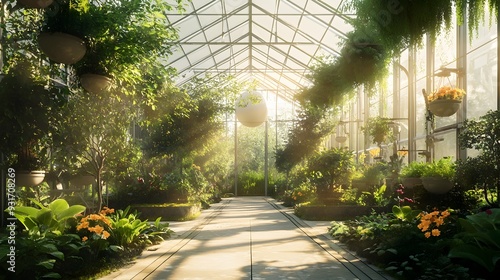 Lush Verdant Greenhouse with Thriving Plants and Towering Trees Sophisticated Hydroponics and Carbon Capture