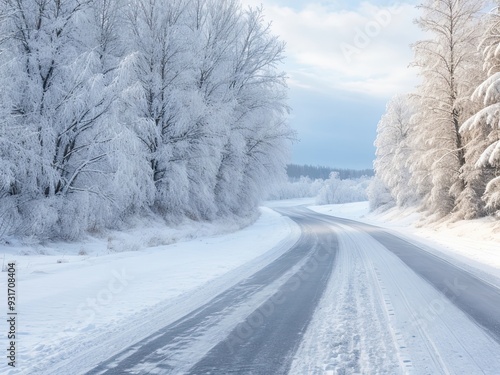 Wintertime straight road covered in ice and snow