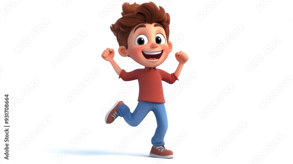 Happy 3D boy character with playful features and a joyful pose on a white background, in a fun and friendly animation style Happy 3D boy character with playful features and a joyful pose on a white background, in a fun and friendly animation style