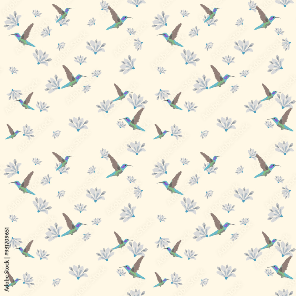 Fototapeta premium Ikat Hummingbirds and Blossoms delicate floral ethnic seamless pattern vector illustration for texture,fabric,clothing,wrapping,decoration