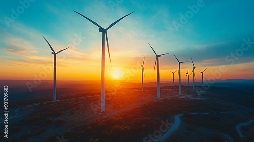 Wind turbines silhouetted against a vibrant sunset, showcasing renewable energy potential.