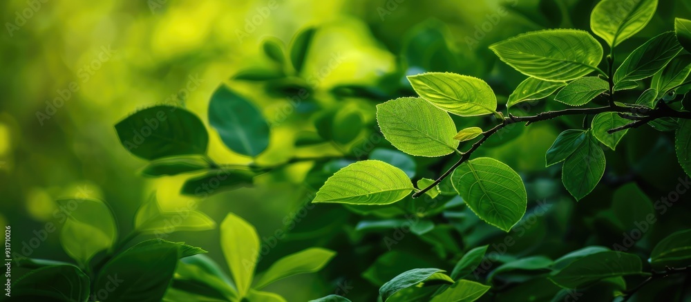 Close up view of a green leaf atop a tree with natural green leaves serving as a background or wallpaper. with copy space image. Place for adding text or design Close up view of a green leaf atop a tree with natural green leaves serving as a background or wallpaper. with copy space image. Place for adding text or design