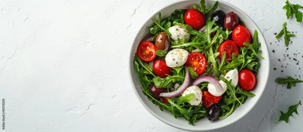 Close up of a fresh salad featuring arugula tomatoes olives onion mozzarella and spices in a bowl on a white stone background Concepts of healthy food diet detox clean eating or vegetarianism Close up of a fresh salad featuring arugula tomatoes olives onion mozzarella and spices in a bowl on a white stone background Concepts of healthy food diet detox clean eating or vegetarianism