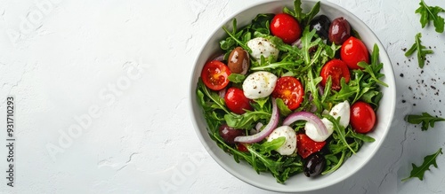 Close up of a fresh salad featuring arugula tomatoes olives onion mozzarella and spices in a bowl on a white stone background Concepts of healthy food diet detox clean eating or vegetarianism