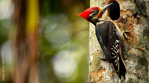 Woodpecker tapping on a tree trunk its vibrant red crest standing out against the bark photo