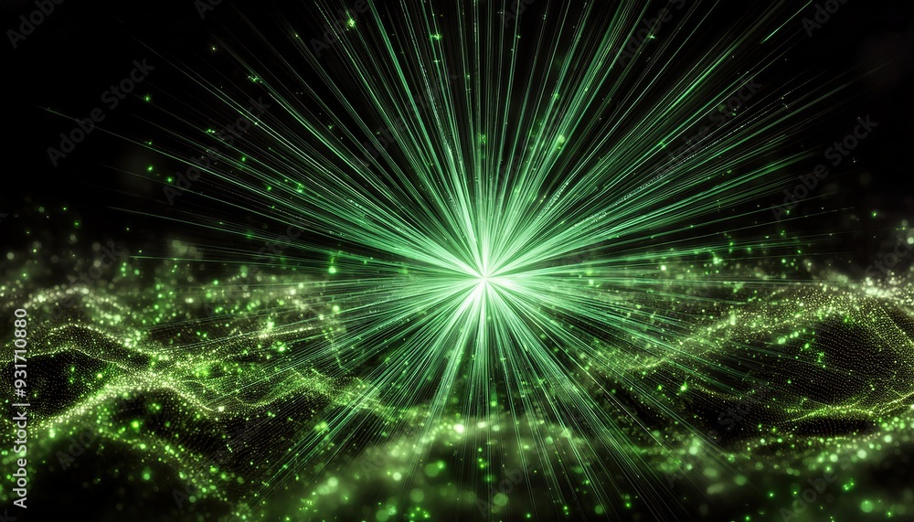 custom made wallpaper toronto digitalDynamic green light burst radiating energy lines across a dark background, creating a vibrant, abstract display of luminous particles.