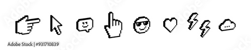Trendy Y2k retro sticker pack in pixel art. Design elements for collage. 3D pointing hand click icon. 3D smile, heart icon. 3D hand cursor, cursors icons click. Geometric simple shapes. Mood of 90's.