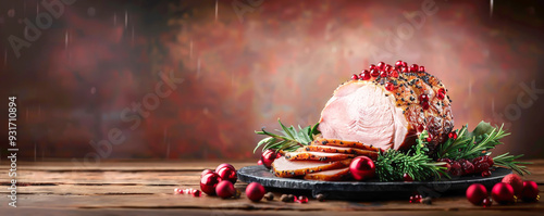 A delicious baked ham with a sweet and tangy glaze, garnished with fresh cranberries and rosemary. Perfect for a holiday meal.