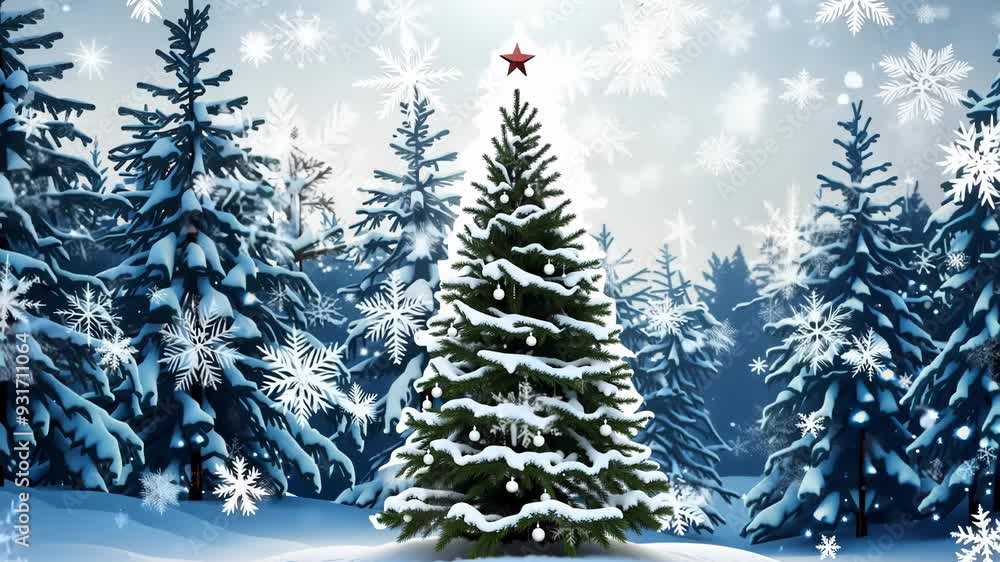 Snowy Winter Landscape With Decorated Christmas Tree Snowy Winter Landscape With Decorated Christmas Tree