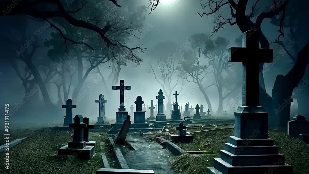Cemetery at Night graveyard dark cross Fog Trees Moon Horror scary Halloween spooky