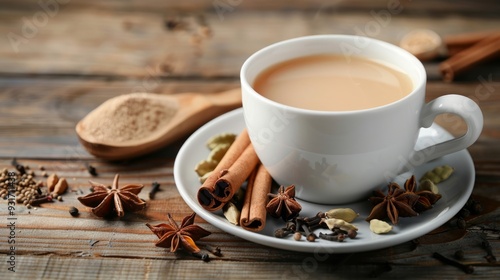 A cozy cup of spiced tea with cinnamon and star anise on a rustic wooden table, perfect for a warm and inviting atmosphere.