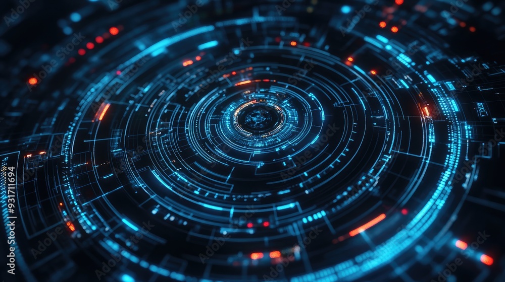 Dynamic digital tech circle with intricate patterns, glowing against a dark backdrop, symbolizing advanced technology. Dynamic digital tech circle with intricate patterns, glowing against a dark backdrop, symbolizing advanced technology.