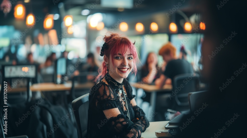 Smiling Woman in Café Setting Smiling Woman in Café Setting