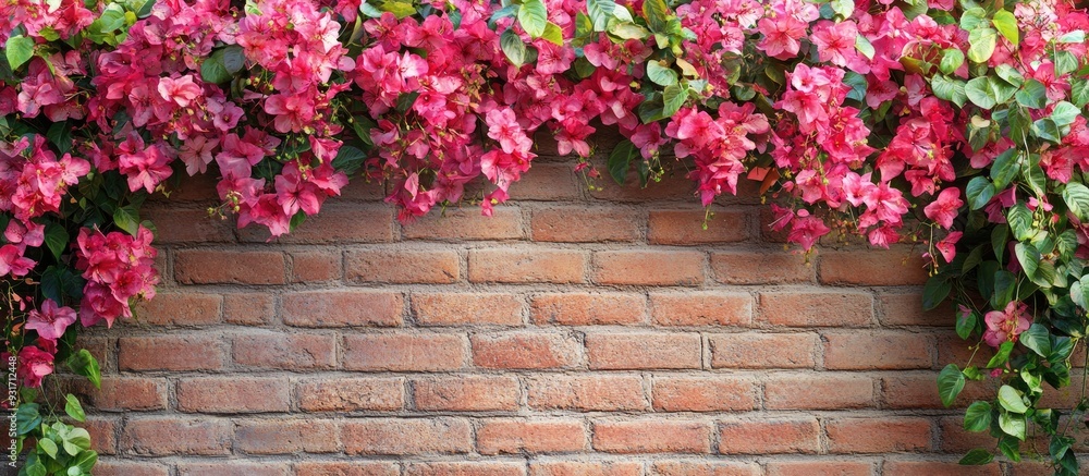 Bougainvillea buganvilla flowers on a brick wall featuring a colorful blooming flower background texture and copy space Bougainvillea buganvilla flowers on a brick wall featuring a colorful blooming flower background texture and copy space