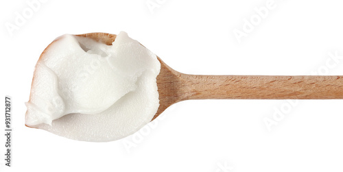 Fotografía Render lard, pig fat spread on wooden spoon, isolated on white