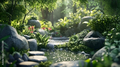 Fototapeta Naklejka Na Ścianę i Meble -  Lush Verdant Garden Oasis with Flourishing Foliage and Serene Pond