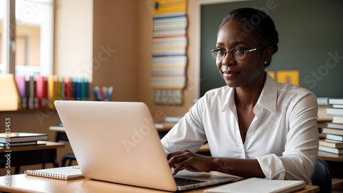 dark-skinned teacher with glasses works at a laptop in a school classroom