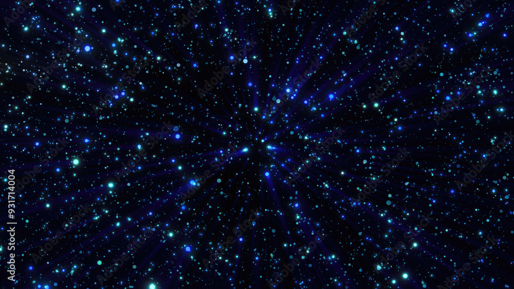 Obraz premium Abstract background of bright blue glowing shiny dots of bokeh stars and circles of beautiful festive space